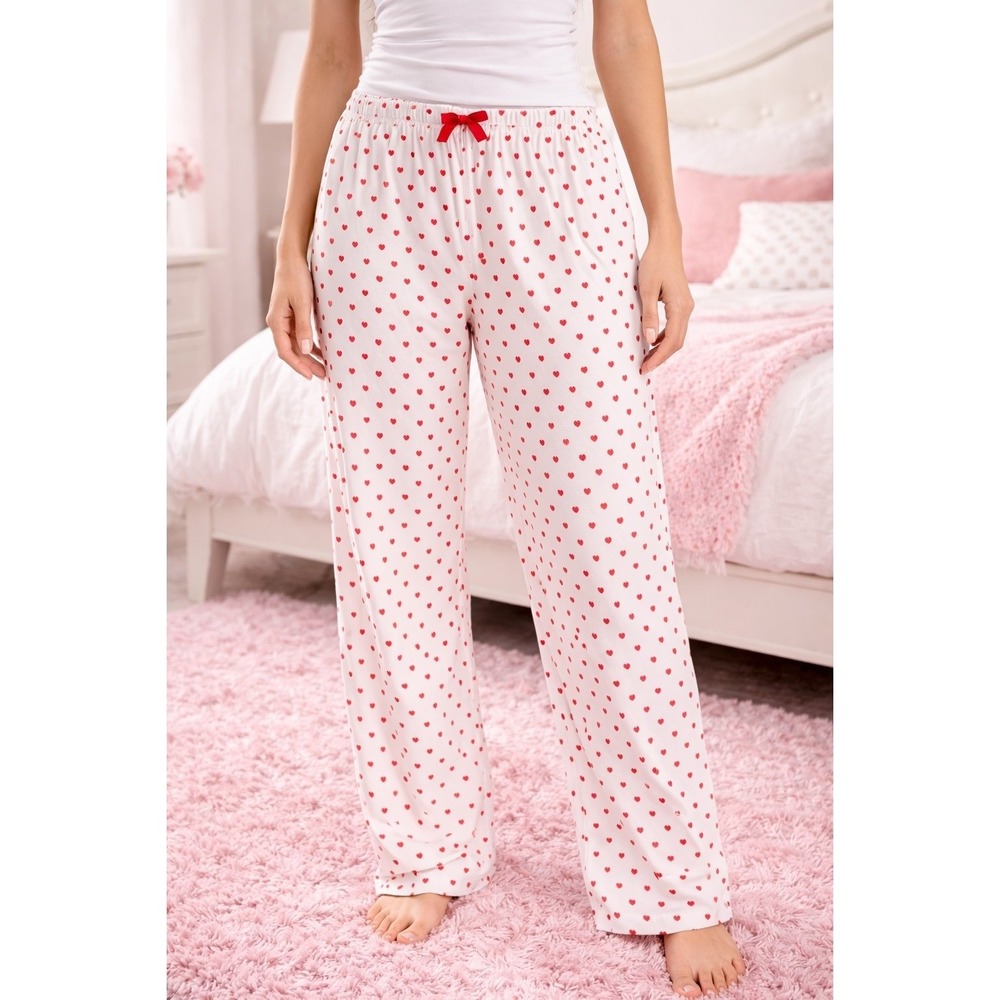 Heart Print Pajama Pants Women Medium White Red Valentine Lounge Sleep Pants